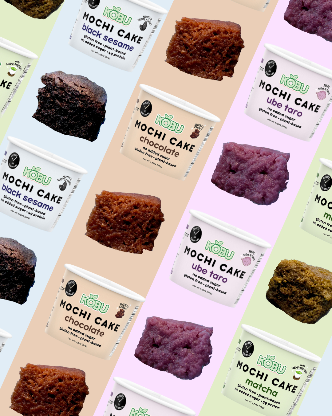 Repeating images of KOBU cups and cakes in all 4 flavors