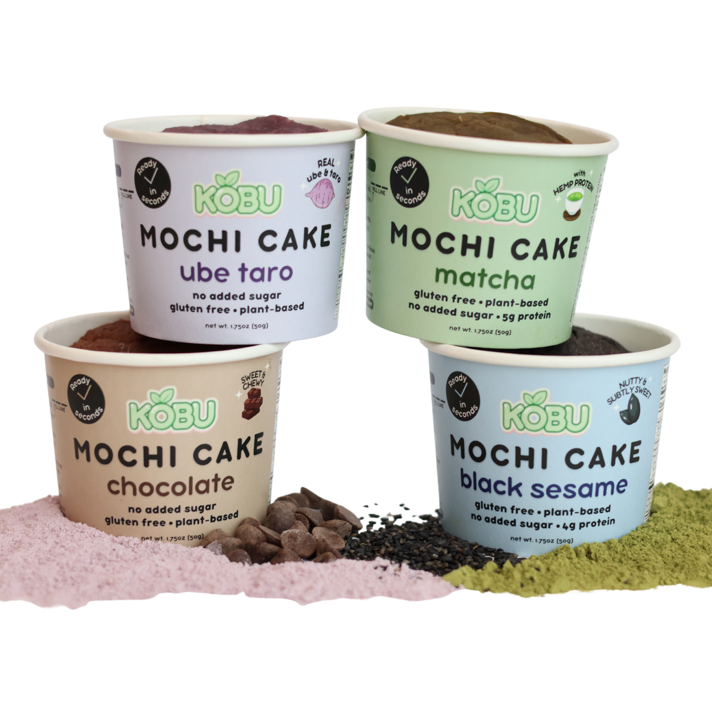 KOBU mochi cake cups stacked in a 2x2 with the cakes visible and ingredients in front