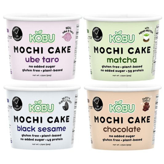 One ube taro cake cup, one matcha cake cup, one black sesame cake cup, one chocolate cake cup